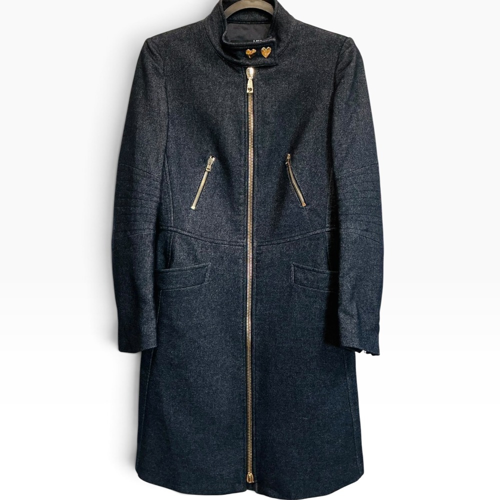 Love Moschino Rare Wool Cotton Denim Moto Coat Gold Heart Zip Italy US 4 S